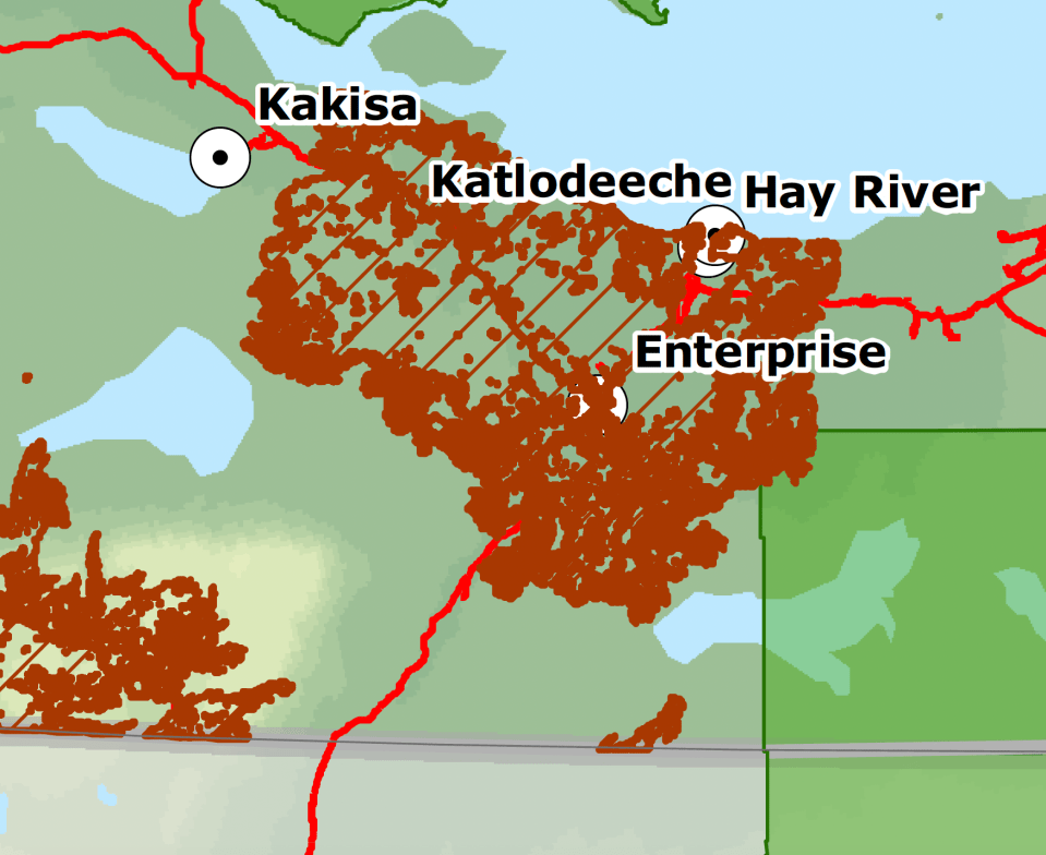 A detail from an NWT Fire map shows burn area from 2023's wildfires in brown.